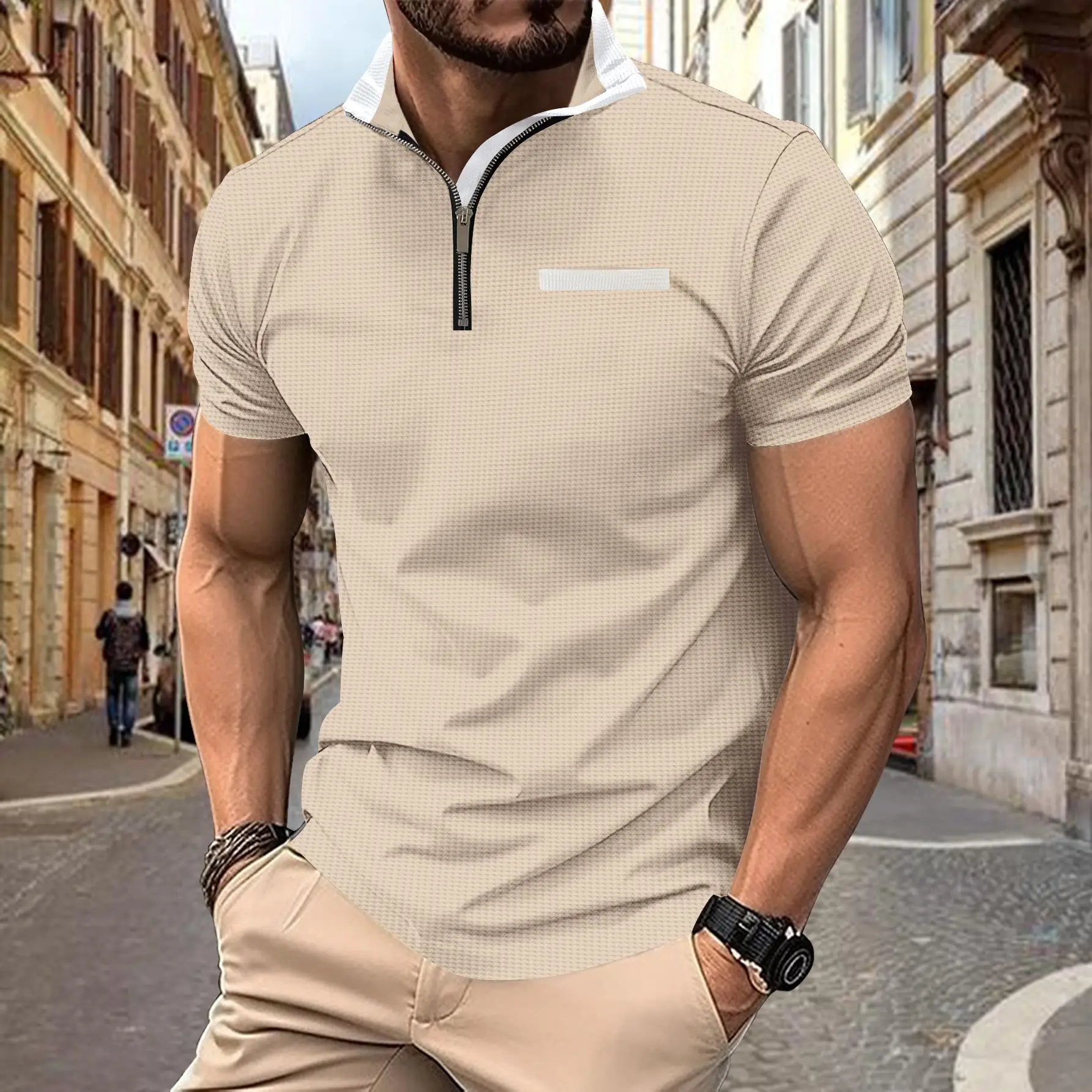 Men's Navy Polo Shirt with Zipper Pocket 2024 Summer - Image 6