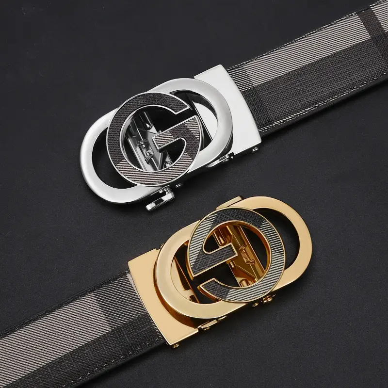 Men's Black Plaid Leather Belt with Silver Buckle - Image 5