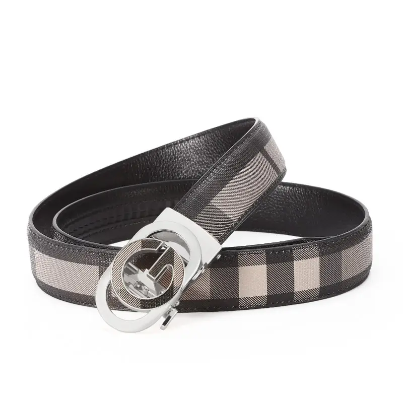 Men's Black Plaid Leather Belt with Silver Buckle - Image 7