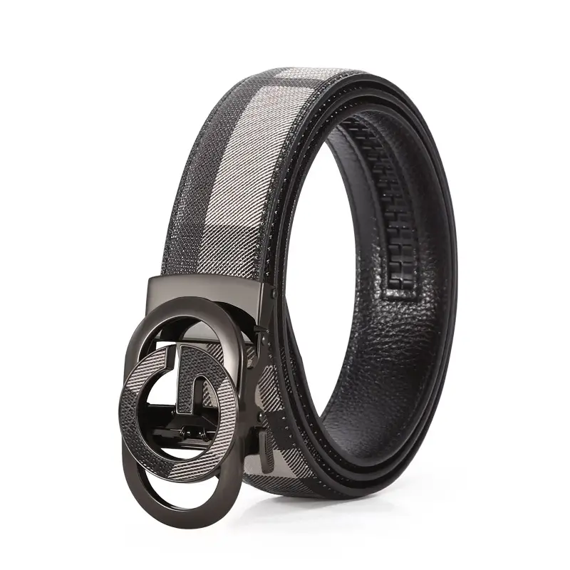 Men's Black Plaid Leather Belt with Silver Buckle - Image 8
