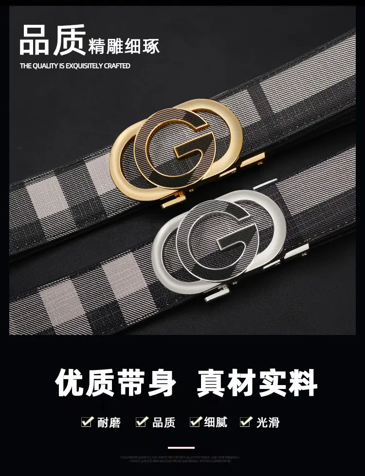 Men's Black Plaid Leather Belt with Silver Buckle — feature 3