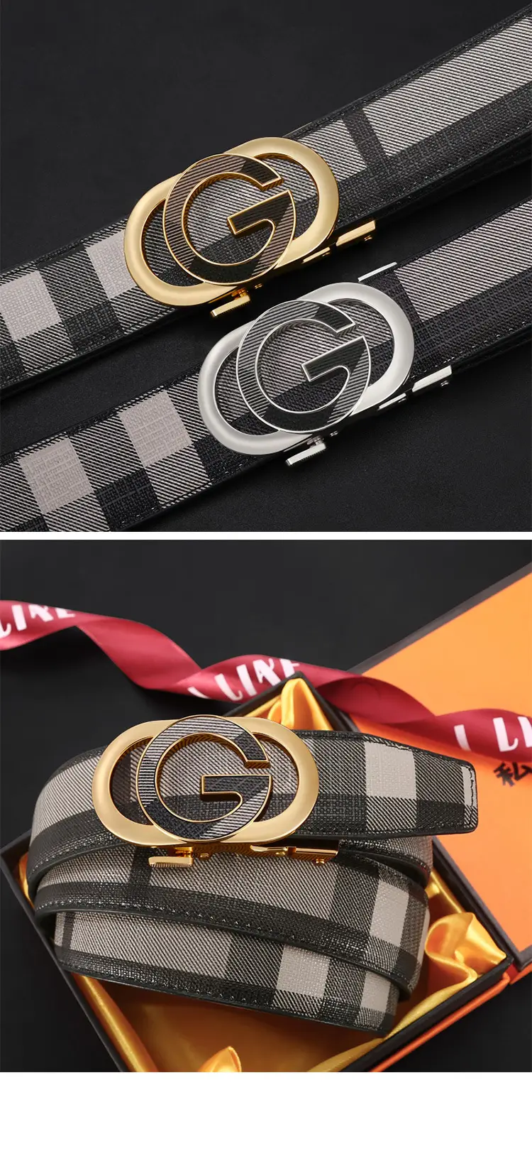 Men's Black Plaid Leather Belt with Silver Buckle — feature 8
