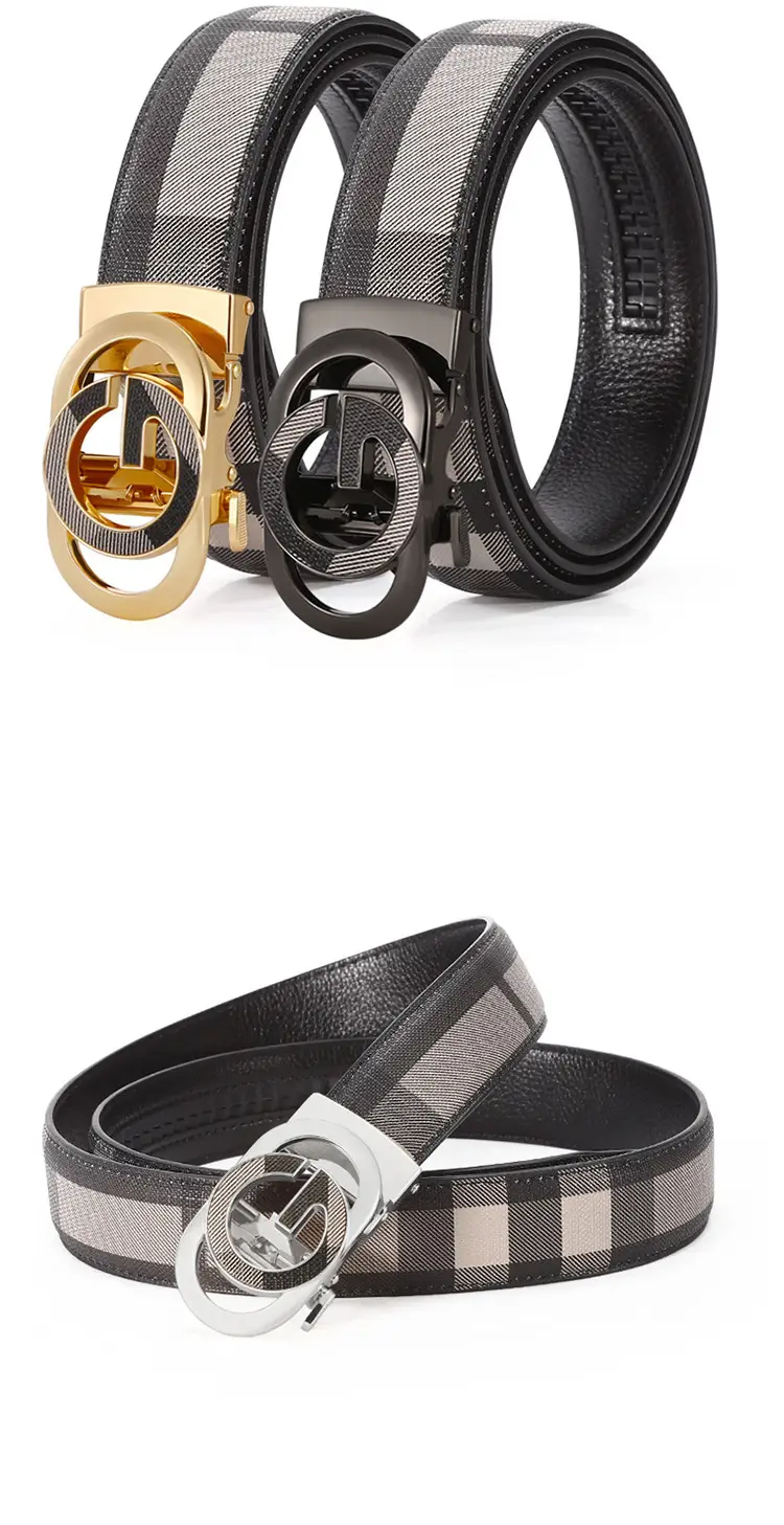 Men's Black Plaid Leather Belt with Silver Buckle — feature 9