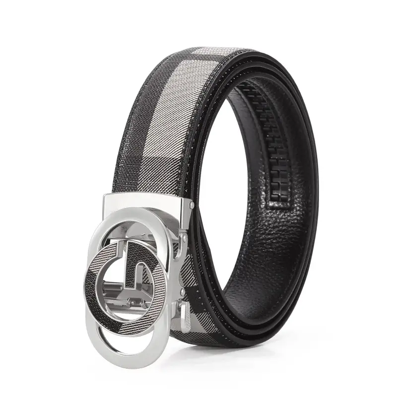 Men's Black Plaid Leather Belt with Silver Buckle - Image 2