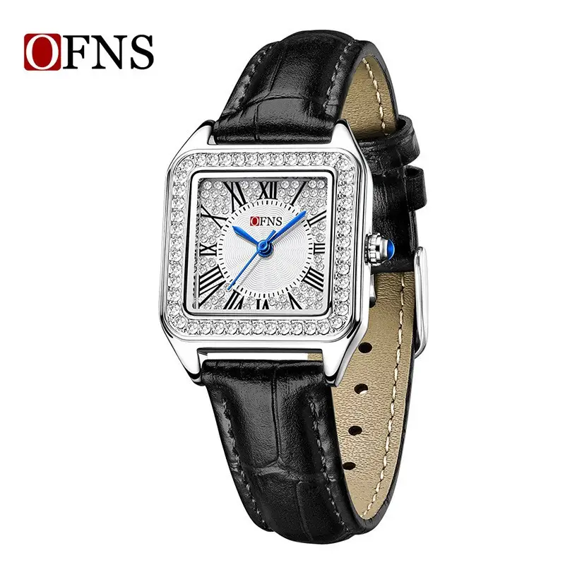 Women's Diamond Square Quartz Watch Brown Leather Belt - Image 5