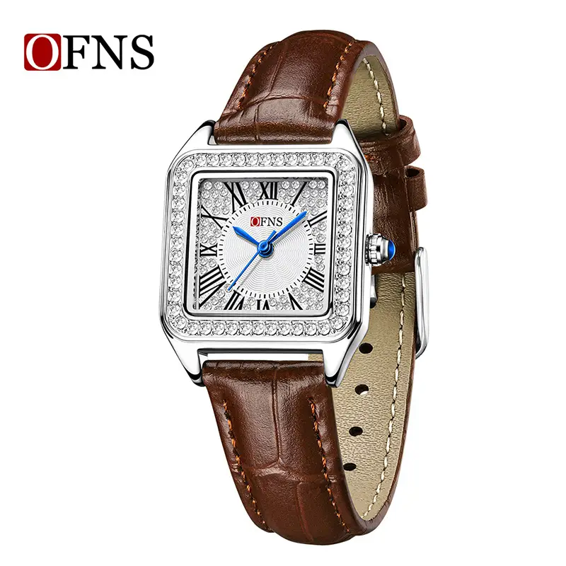 Women's Diamond Square Quartz Watch Brown Leather Belt - Image 9