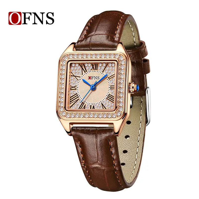 Women's Diamond Square Quartz Watch Brown Leather Belt - Image 2