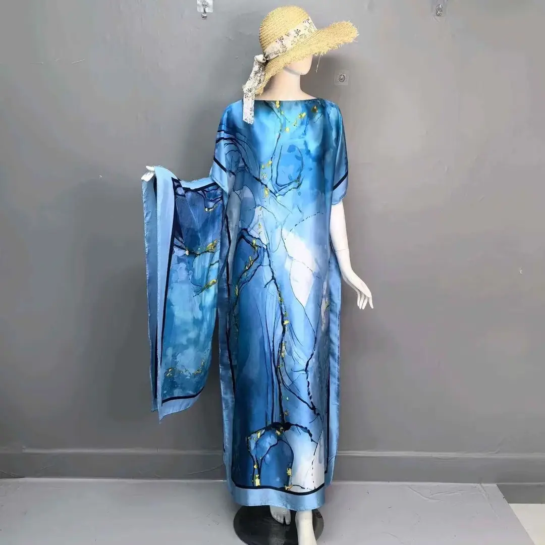 Cross-Border Hot-Selling Source Factory African Robe Clothing Kaftan Long Dress with Headscarf Set — feature 16