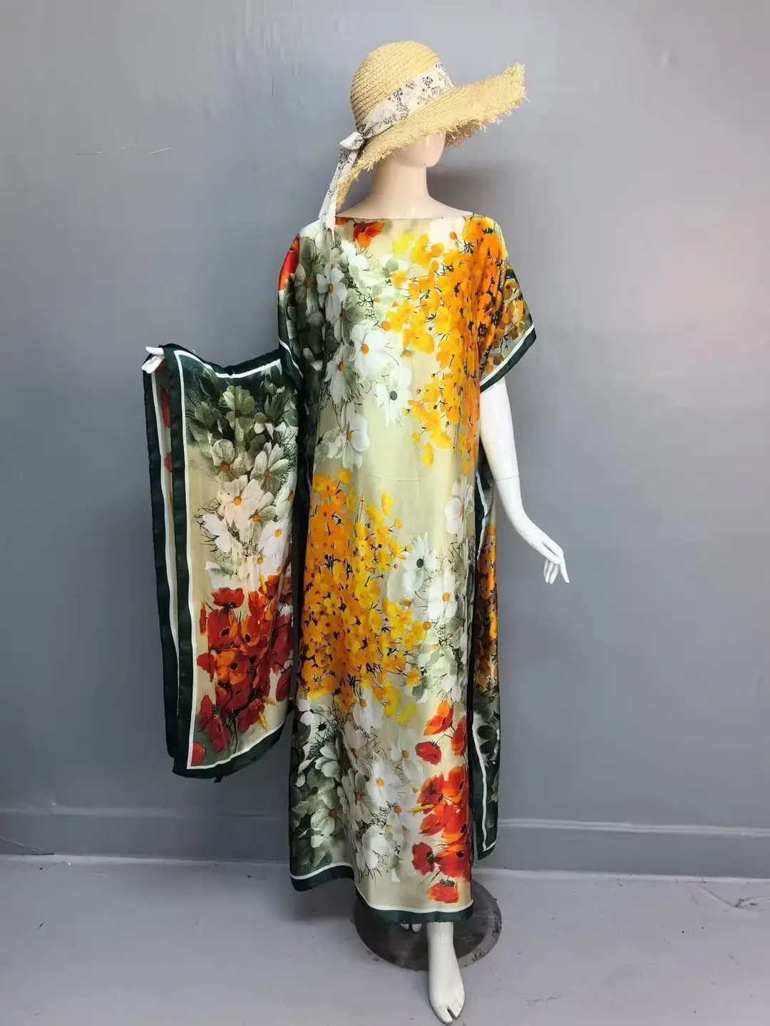 Cross-Border Hot-Selling Source Factory African Robe Clothing Kaftan Long Dress with Headscarf Set