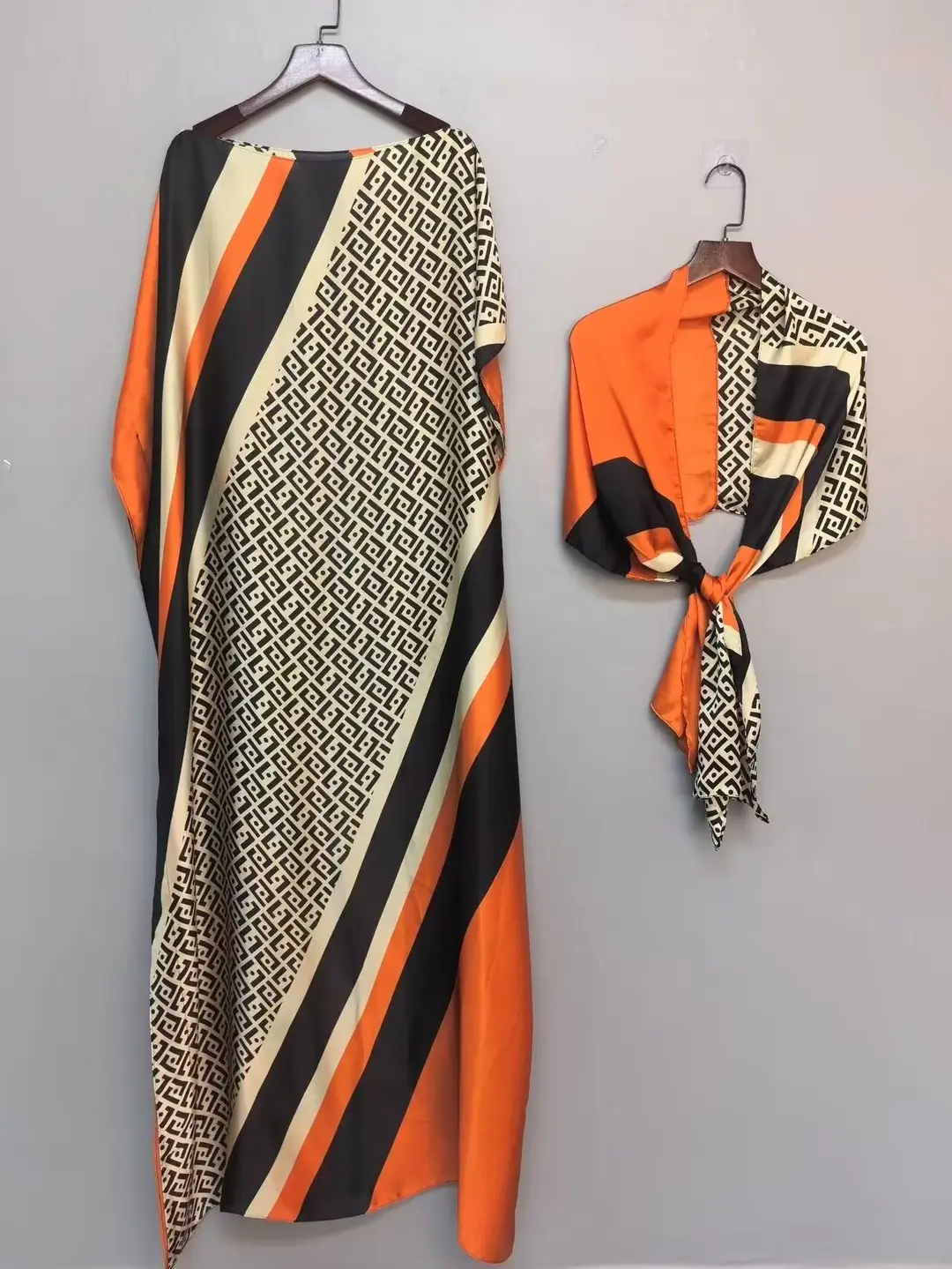 Cross-Border Hot-Selling Source Factory African Robe Clothing Kaftan Long Dress with Headscarf Set