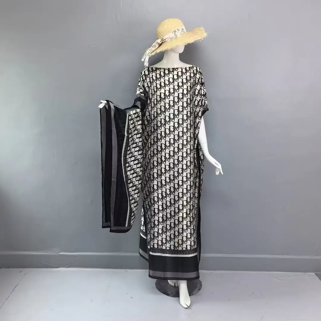 Cross-Border Hot-Selling Source Factory African Robe Clothing Kaftan Long Dress with Headscarf Set