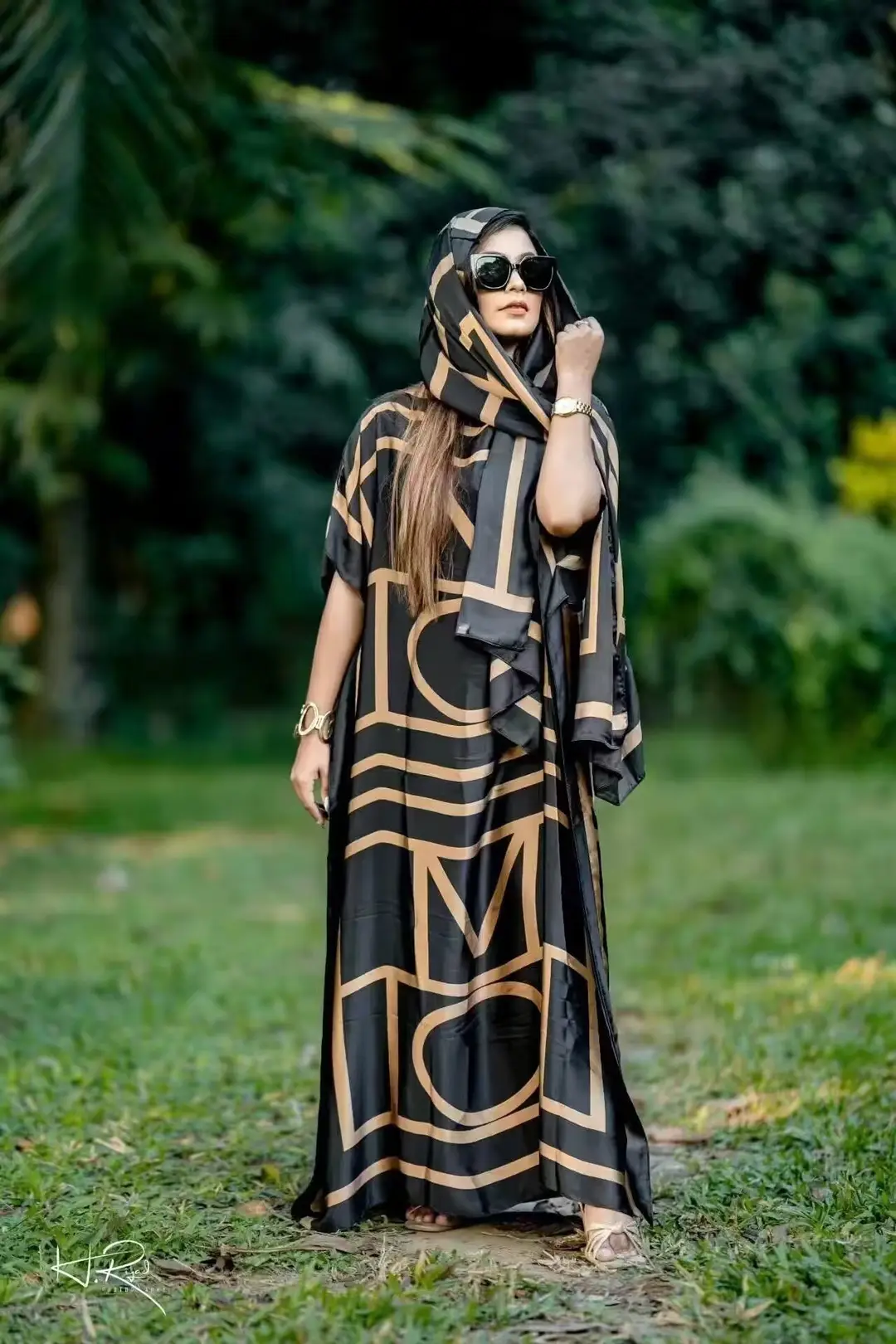 Cross-Border Hot-Selling Source Factory African Robe Clothing Kaftan Long Dress with Headscarf Set