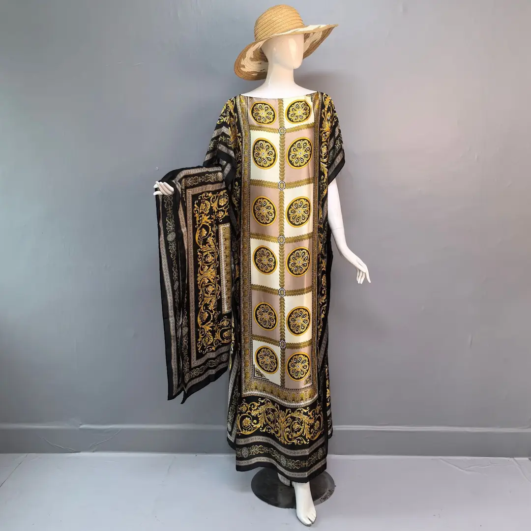 Cross-Border Hot-Selling Source Factory African Robe Clothing Kaftan Long Dress with Headscarf Set