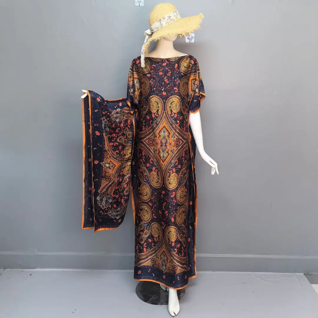 Cross-Border Hot-Selling Source Factory African Robe Clothing Kaftan Long Dress with Headscarf Set