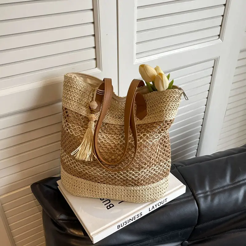 Women Straw Woven Beach Bag Large Capacity Tote Bucket