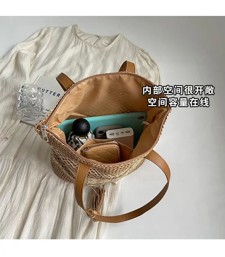Women Straw Woven Beach Bag Large Capacity Tote Bucket — feature 16