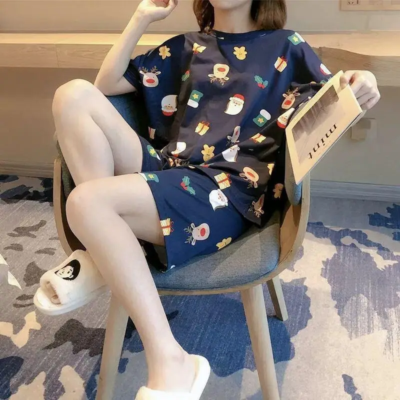 Women Pink Floral Crewneck Pajamas 2025 Summer - Image 2