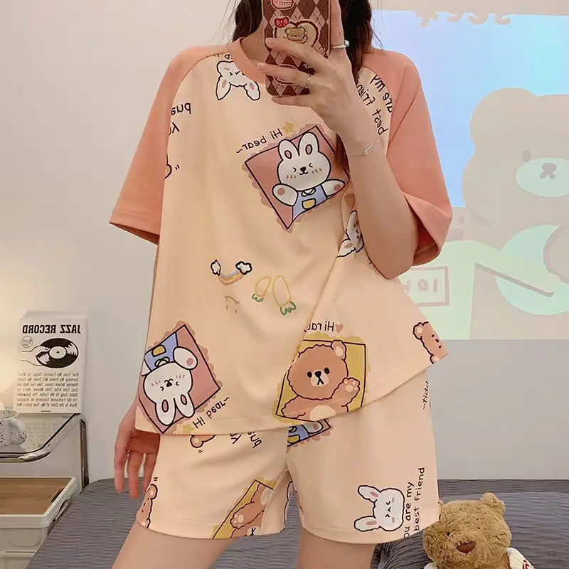 Women Pink Floral Crewneck Pajamas 2025 Summer - Image 31