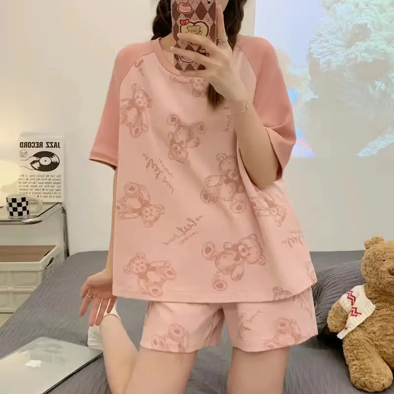 Women Pink Floral Crewneck Pajamas 2025 Summer - Image 33