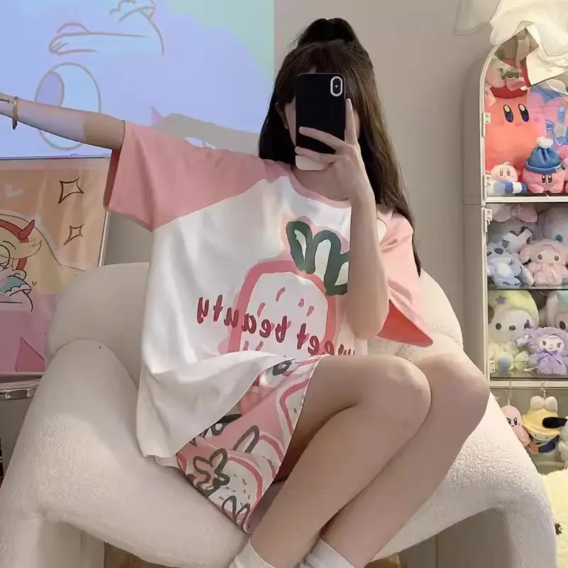 Women Pink Floral Crewneck Pajamas 2025 Summer - Image 38