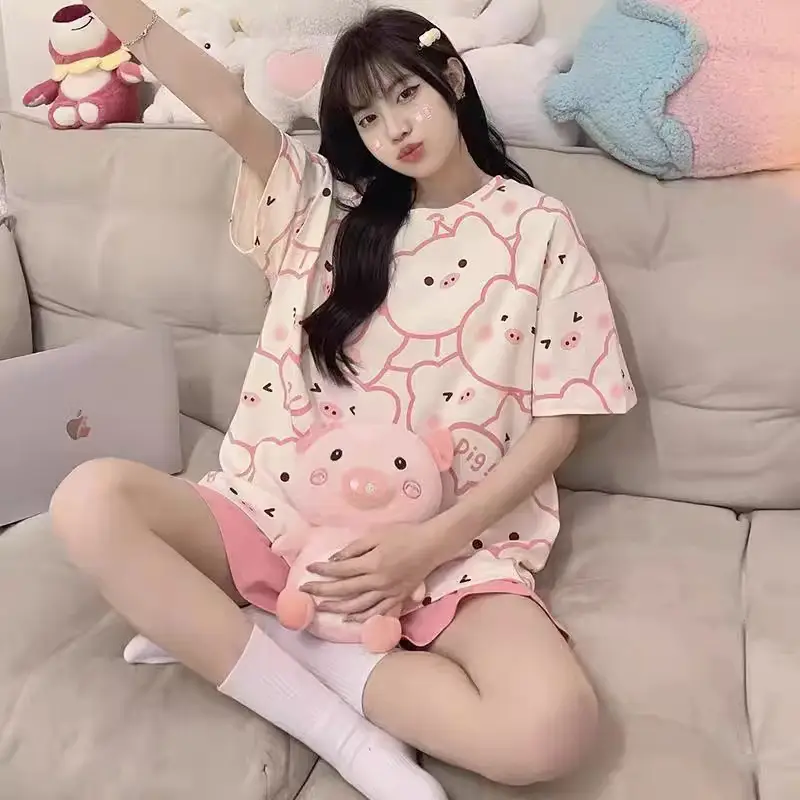 Women Pink Floral Crewneck Pajamas 2025 Summer - Image 40