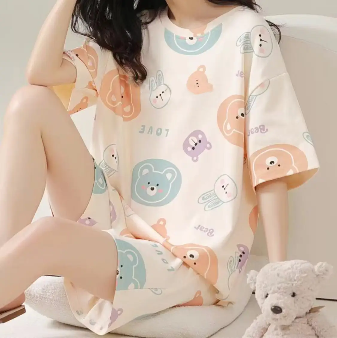 Women Pink Floral Crewneck Pajamas 2025 Summer - Image 51