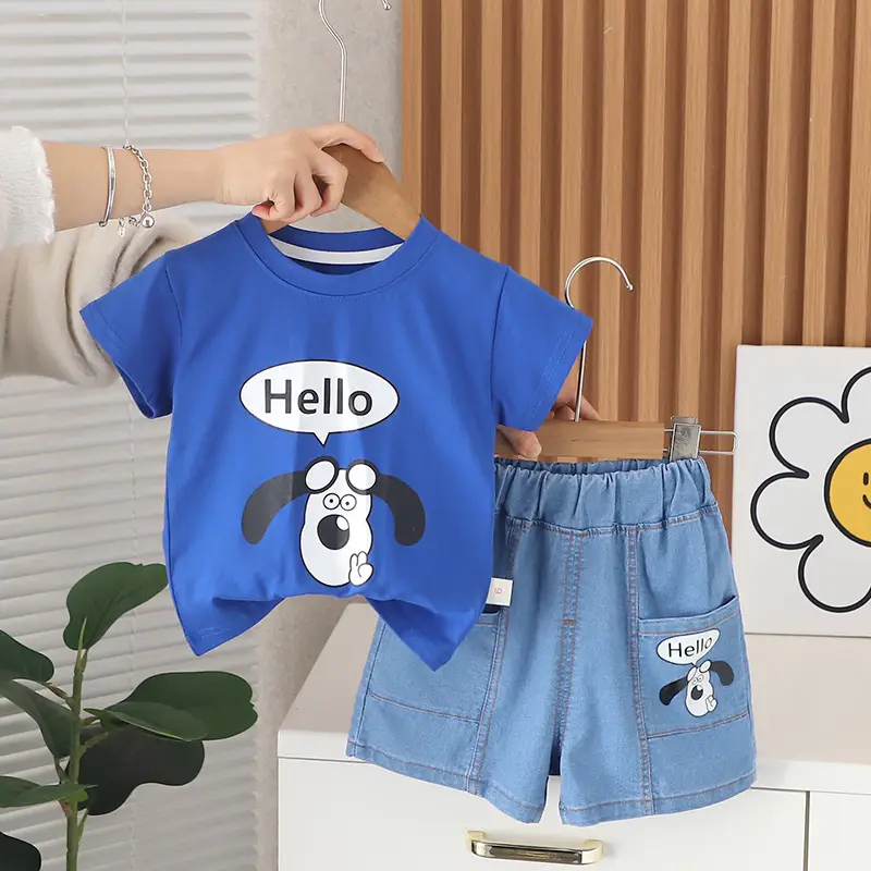 Boys Cartoon T-Shirt Shorts Set Blue Green Medium Small