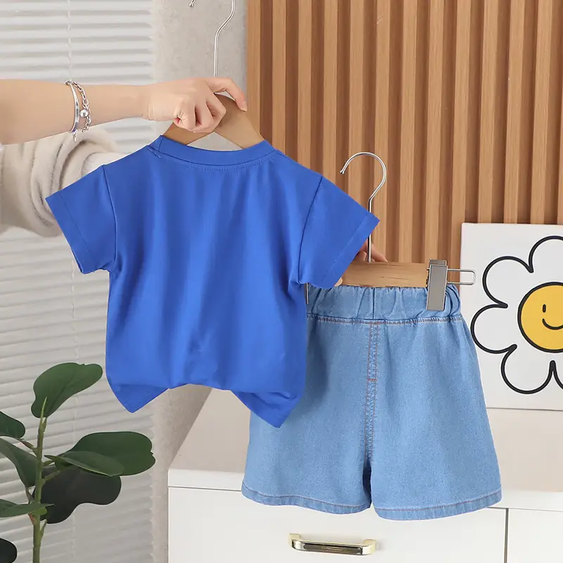 Boys Cartoon T-Shirt Shorts Set Blue Green Medium Small