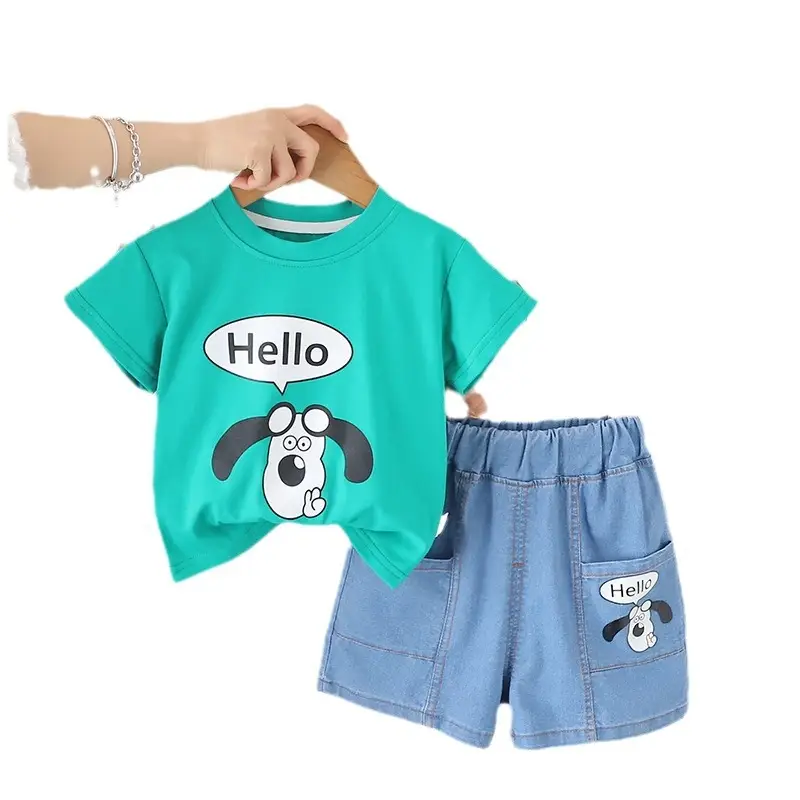 Boys Cartoon T-Shirt Shorts Set Blue Green Medium Small