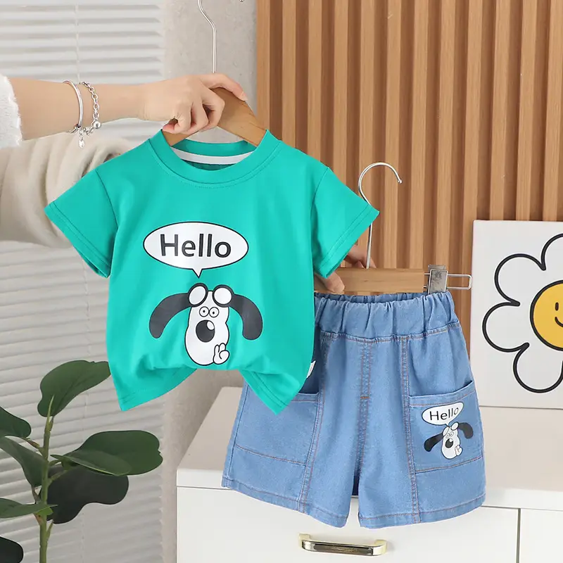 Boys Cartoon T-Shirt Shorts Set Blue Green Medium Small