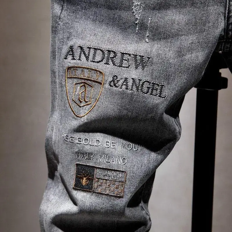 2024 Men Grey Embroidered Slim Fit Jeans - Image 4