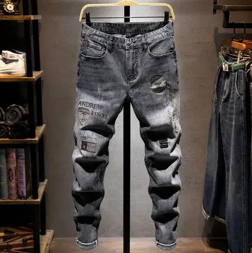 2024 Men Grey Embroidered Slim Fit Jeans - Image 5