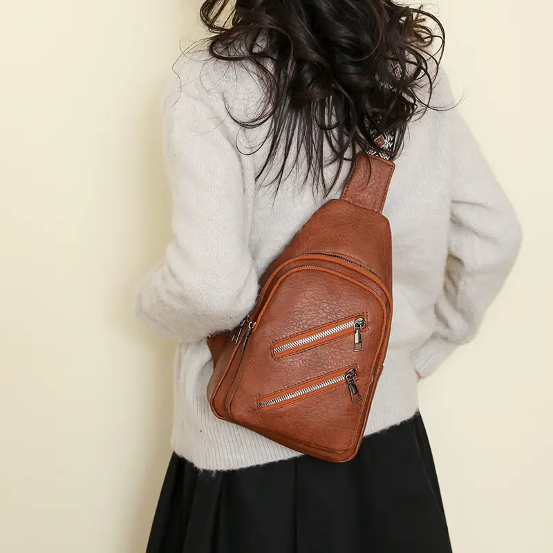 Women's PU Leather Chest Bag Beige Retro Style - Image 7