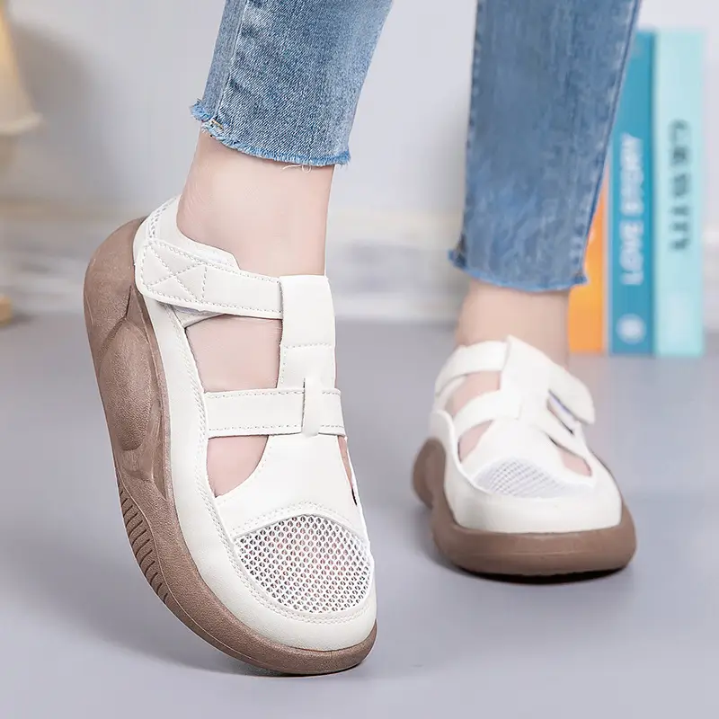 Women's 2025 Hollow White Sandals with Velcro Strap