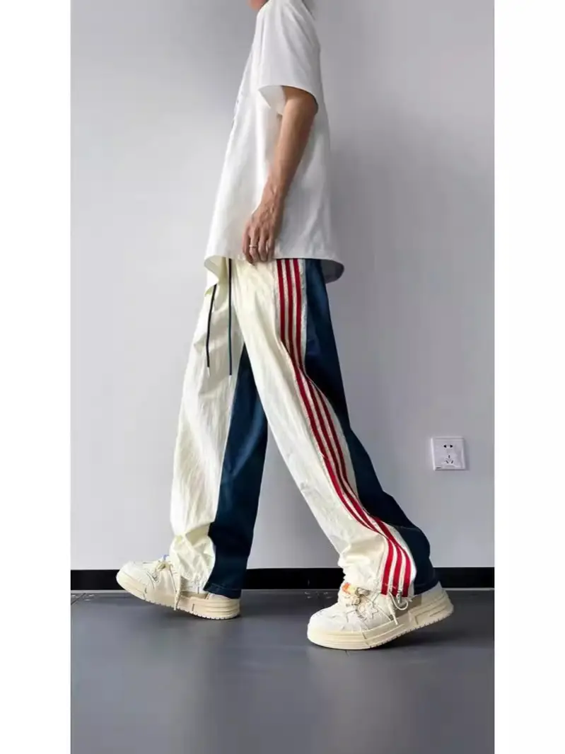 Men Summer Striped Loose Pants White Navy