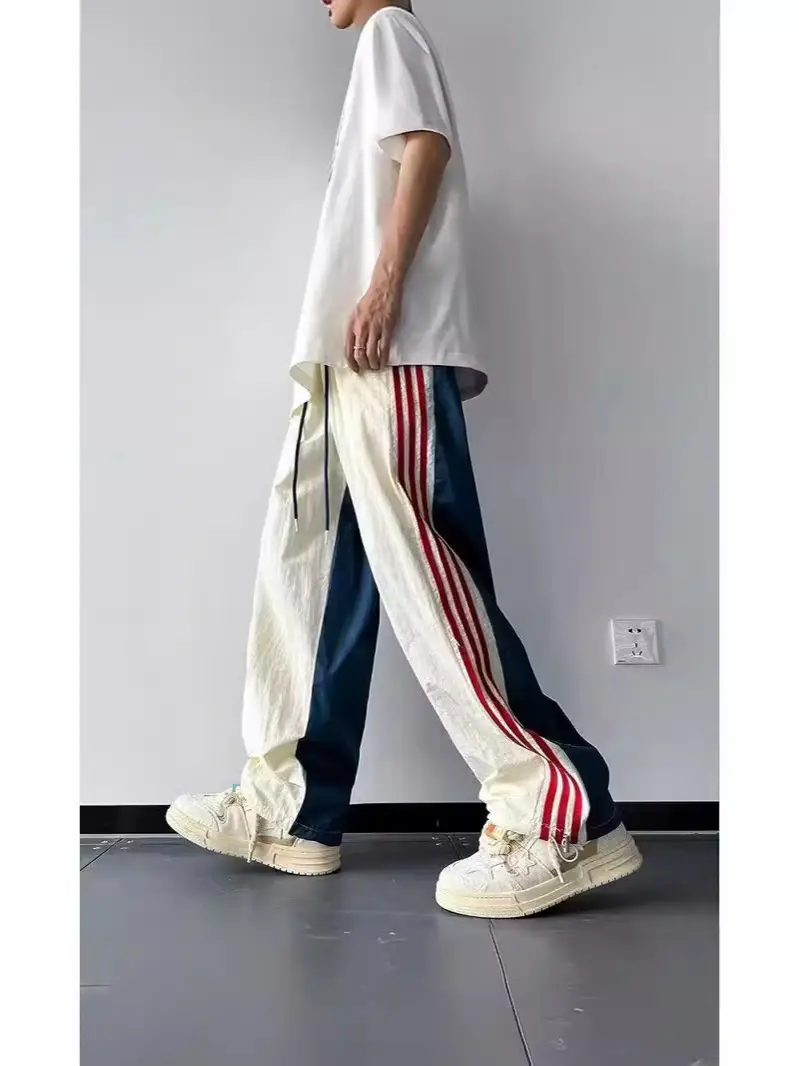Men Summer Striped Loose Pants White Navy