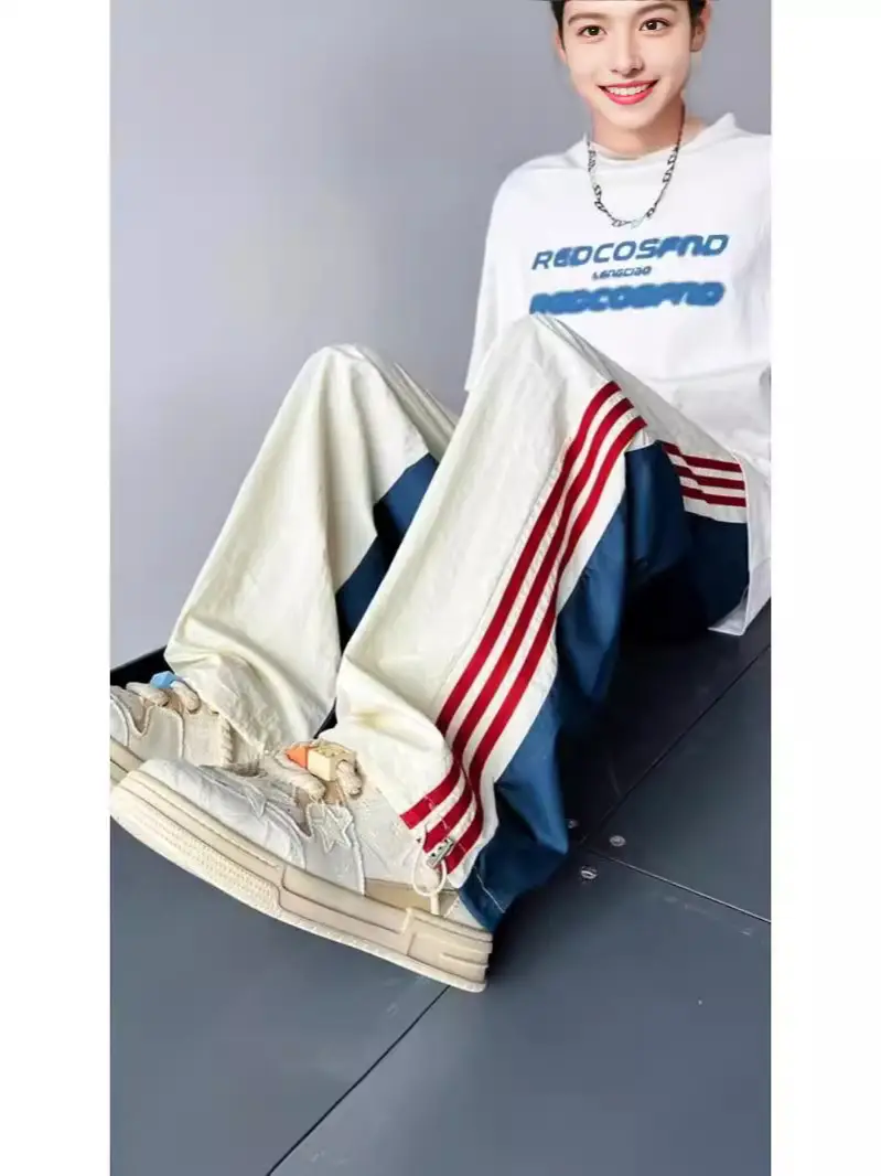 Men Summer Striped Loose Pants White Navy