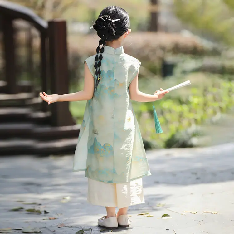 Girls Chinese Style Mountain River Figure Dress with Buckle - Image 4