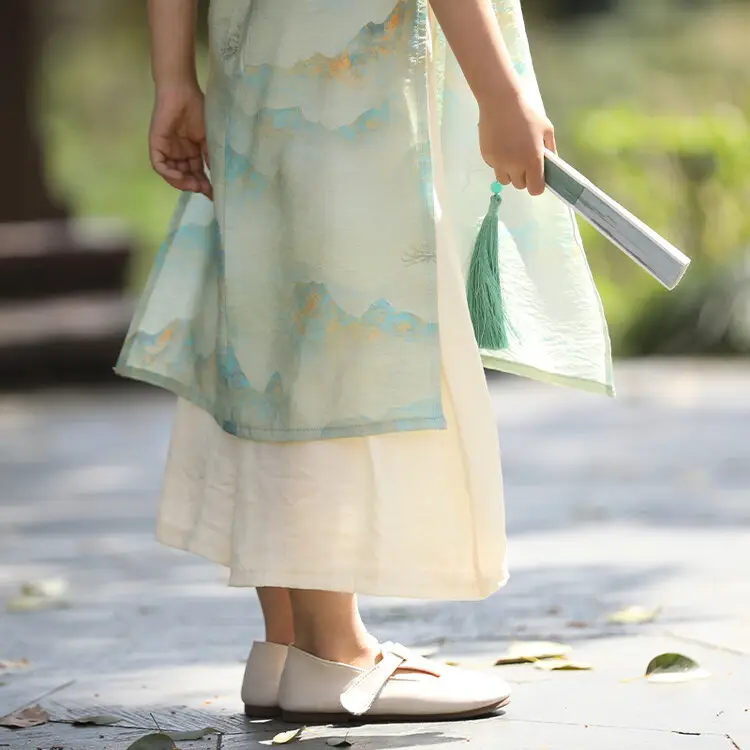 Girls Chinese Style Mountain River Figure Dress with Buckle - Image 5