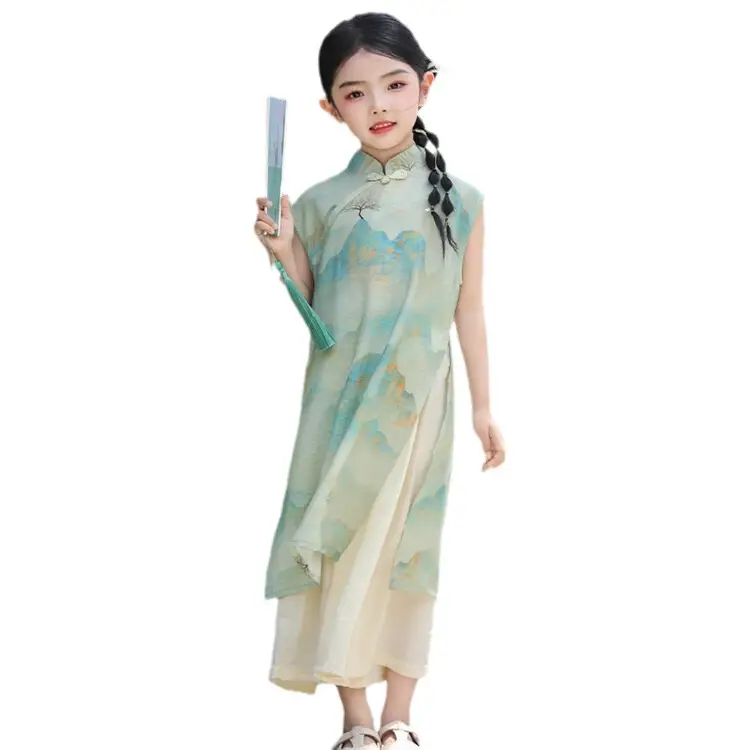 Girls Chinese Style Mountain River Figure Dress with Buckle - Image 6
