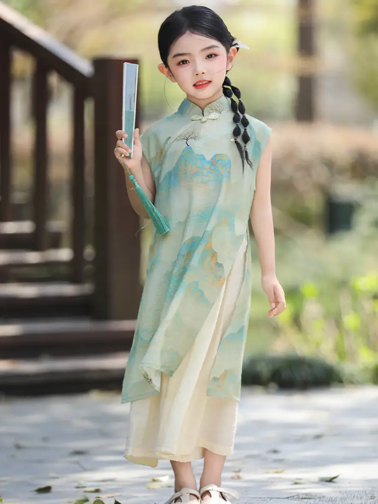 Girls Chinese Style Mountain River Figure Dress with Buckle — feature 10