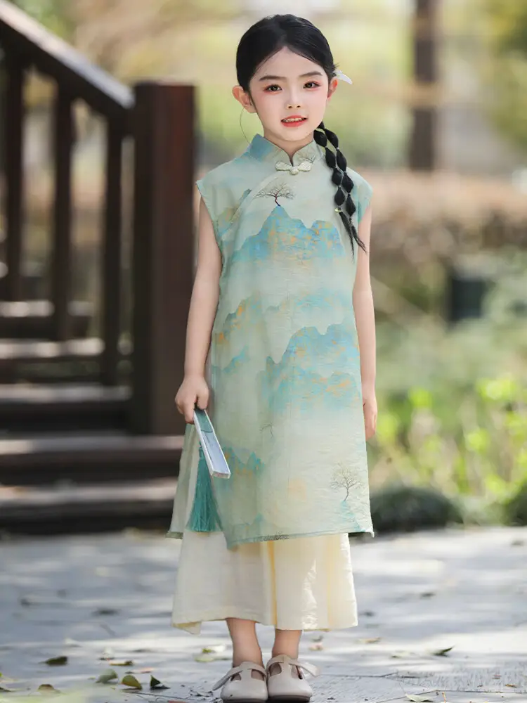 Girls Chinese Style Mountain River Figure Dress with Buckle — feature 11
