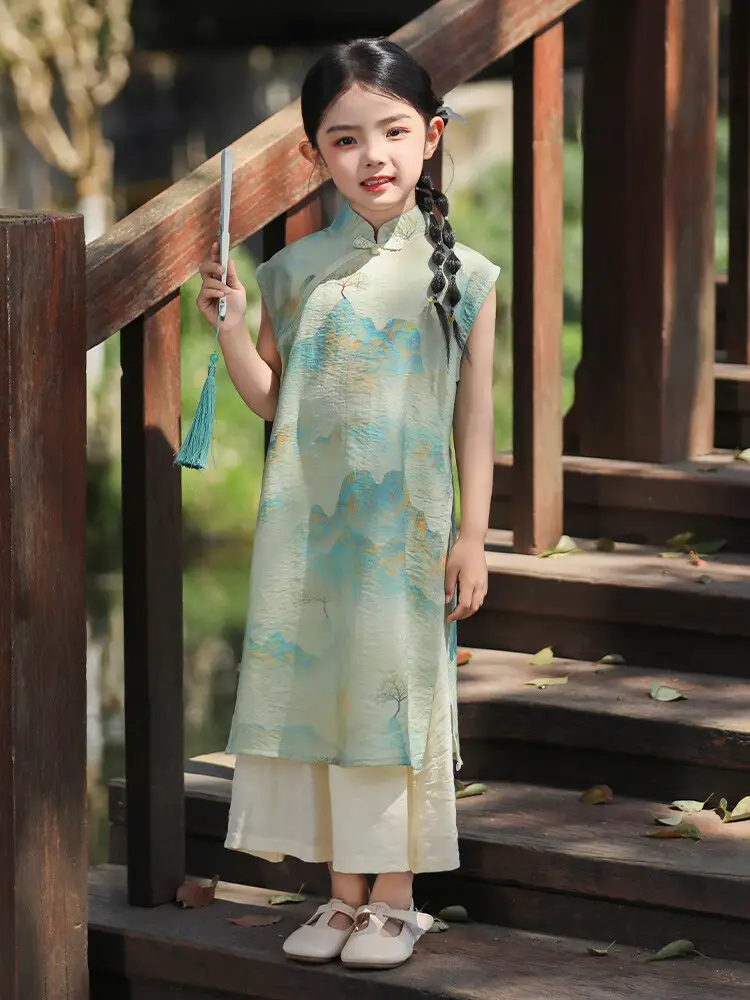 Girls Chinese Style Mountain River Figure Dress with Buckle — feature 12