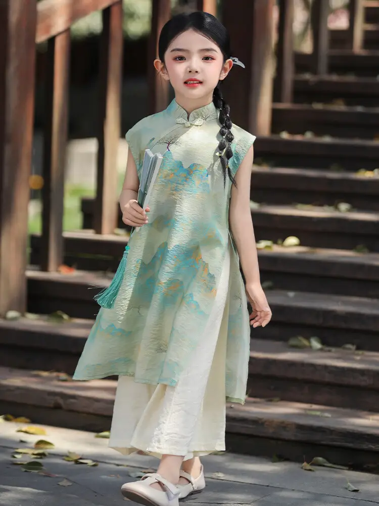 Girls Chinese Style Mountain River Figure Dress with Buckle — feature 13