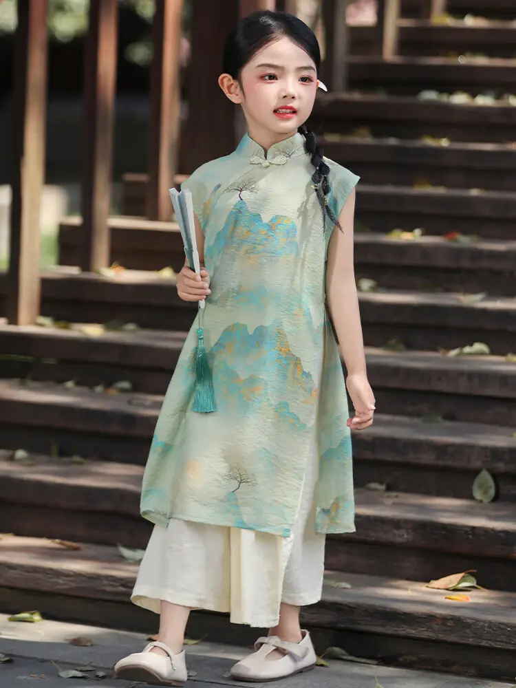 Girls Chinese Style Mountain River Figure Dress with Buckle — feature 14