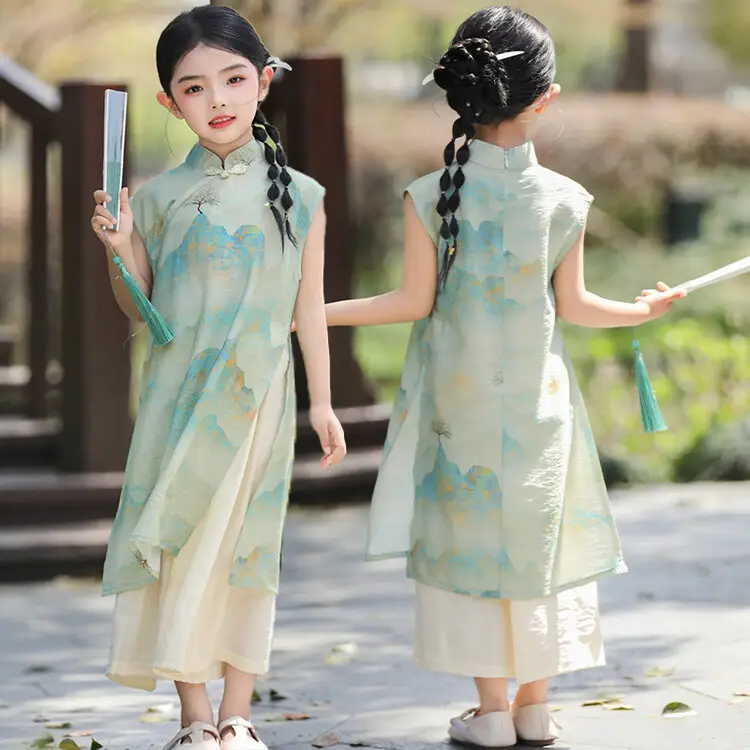 Girls Chinese Style Mountain River Figure Dress with Buckle — feature 15