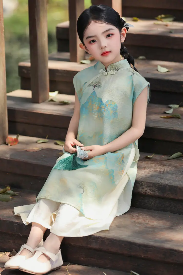 Girls Chinese Style Mountain River Figure Dress with Buckle — feature 16