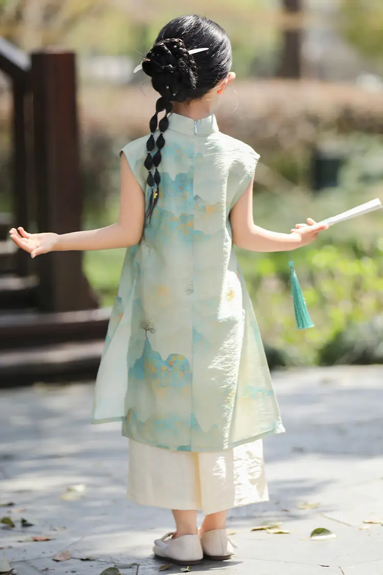 Girls Chinese Style Mountain River Figure Dress with Buckle — feature 18