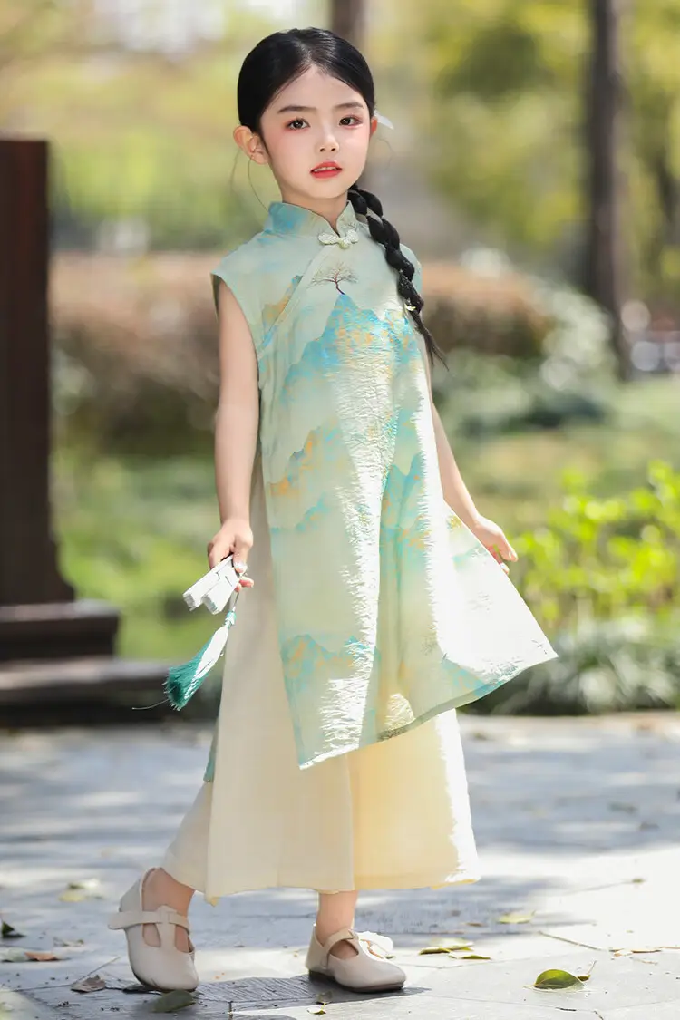 Girls Chinese Style Mountain River Figure Dress with Buckle — feature 19