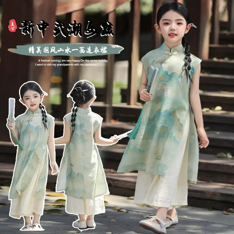 Girls Chinese Style Mountain River Figure Dress with Buckle — feature 2